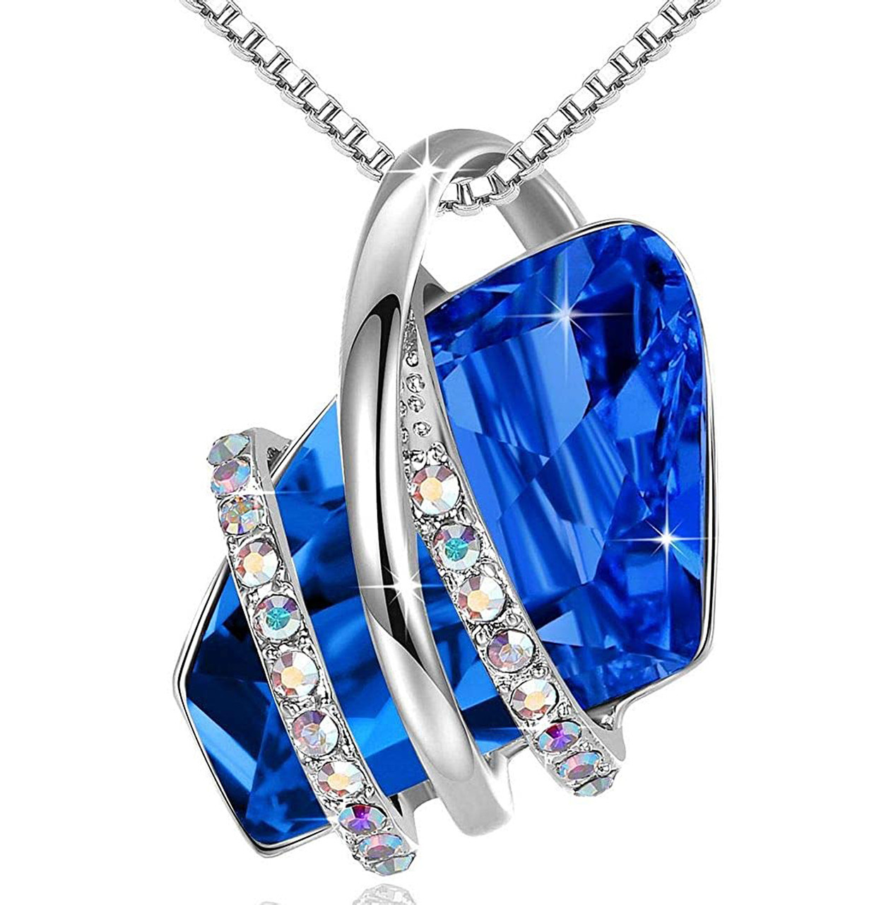 September Birthstone - Sapphire Blue Crystal Rock Pendant and CZ stones - with 18" Silver Plated Chain Necklace. Gift for Lover, Girl Friend, Wife, Valentine's Day Gift, Mother's Day, Anniversary Gift Crystal Necklace.