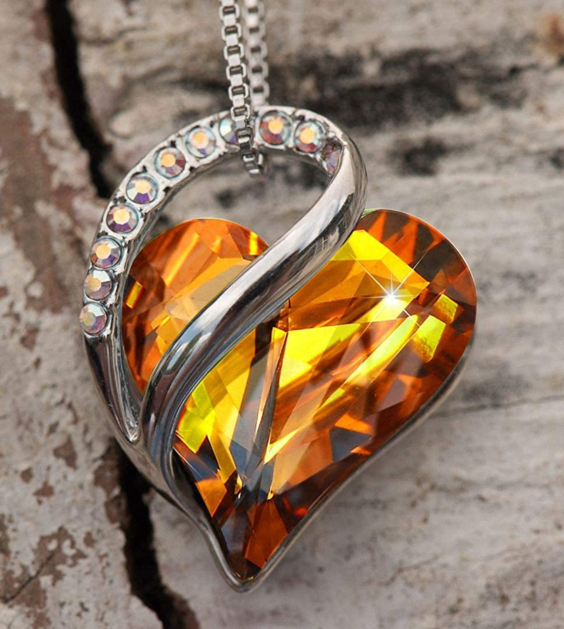 November Birthstone - Light Brown - Amber Looped Heart Design Crystal Pendant and CZ stones - with 18" Chain Necklace. Gift for Lover, Girl Friend, Wife, Valentine's Day Gift, Mother's Day, Anniversary Gift Heart Necklace.