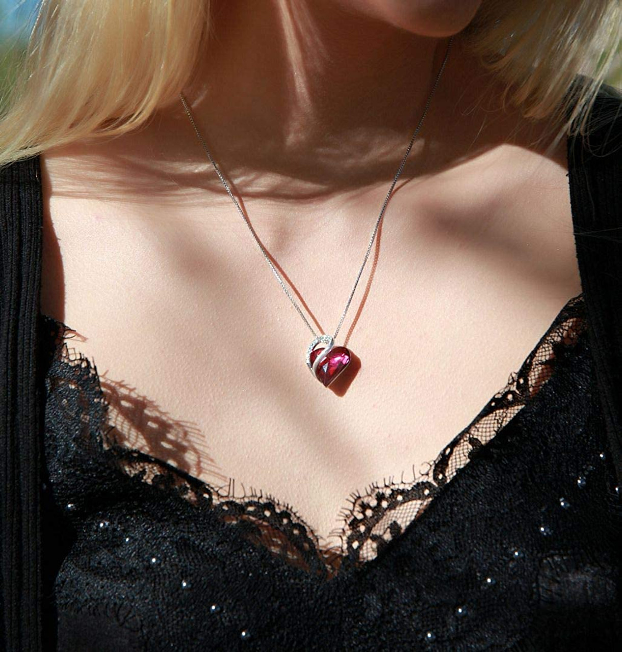February Birthstone - Amethyst Dark Pink Looped Heart Design Crystal Pendant and CZ stones - with 18" Chain Necklace. Gift for Lover, Girl Friend, Wife, Valentine's Day Gift, Mother's Day, Anniversary Gift Heart Necklace.
