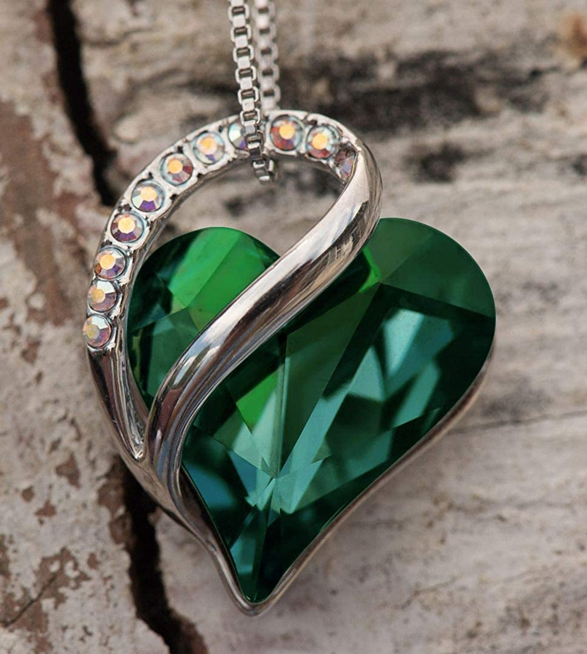 May Birthstone - Green Emerald Looped Heart Design Crystal Pendant and CZ stones - with 18" Chain Necklace. Gift for Lover, Girl Friend, Wife, Valentine's Day Gift, Mother's Day, Anniversary Gift Heart Necklace.