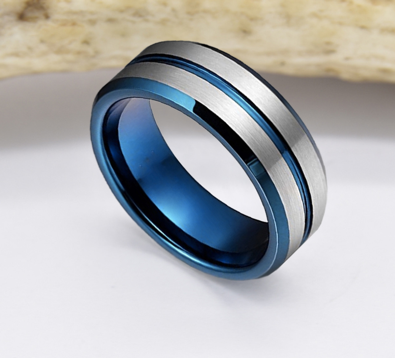 (8mm) Unisex or Men's Tungsten Carbide Wedding Ring Band. Gray with Blue Groove Line. Matte Finish and Beveled Edges.