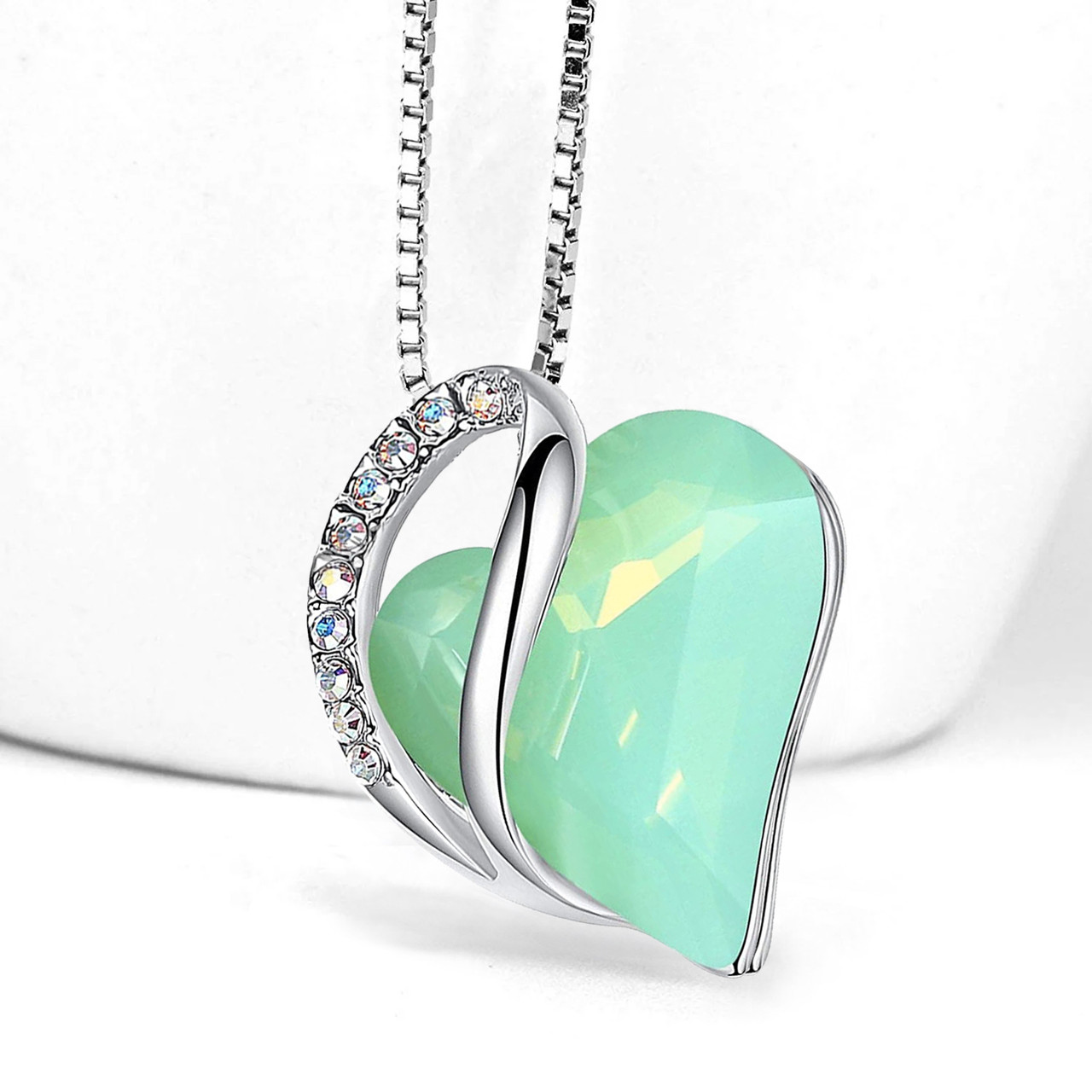 Lucky Green Jade Gem - Looped Heart Design Crystal Pendant and CZ stones - with 18" Chain Necklace. Gift for Lover, Girl Friend, Wife, Valentine's Day Gift, Mother's Day, Anniversary Gift Heart Necklace.