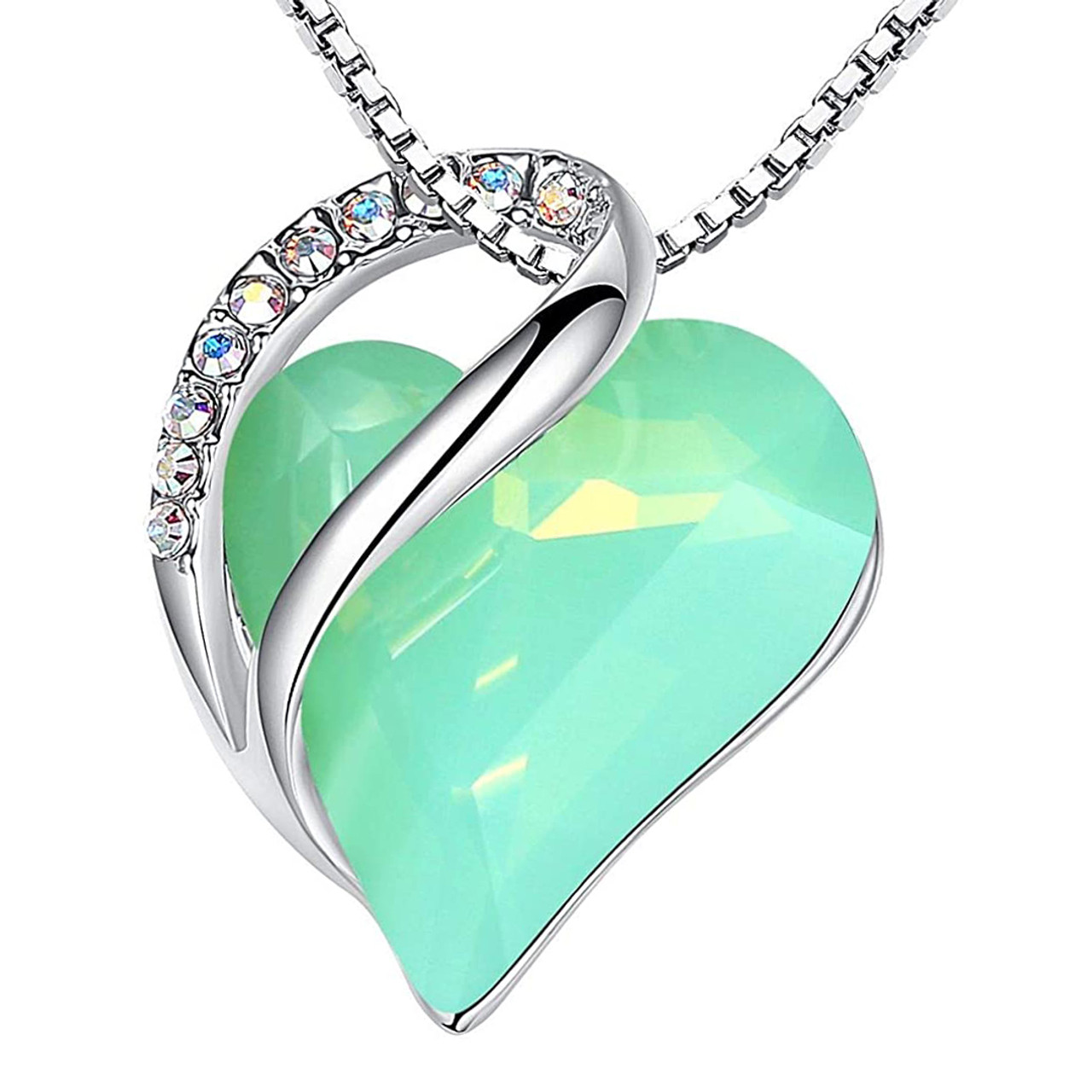 Lucky Green Jade Gem - Looped Heart Design Crystal Pendant and CZ stones - with 18" Chain Necklace. Gift for Lover, Girl Friend, Wife, Valentine's Day Gift, Mother's Day, Anniversary Gift Heart Necklace.