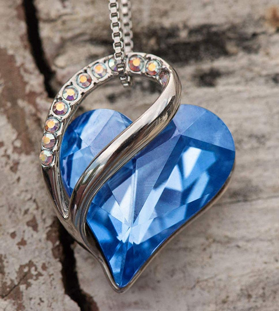 December Birthstone - Sky Light Blue Sapphire Looped Heart Design Crystal Pendant and CZ stones - with 18" Chain Necklace. Gift for Lover, Girl Friend, Wife, Valentine's Day Gift, Mother's Day, Anniversary Gift Heart Necklace.