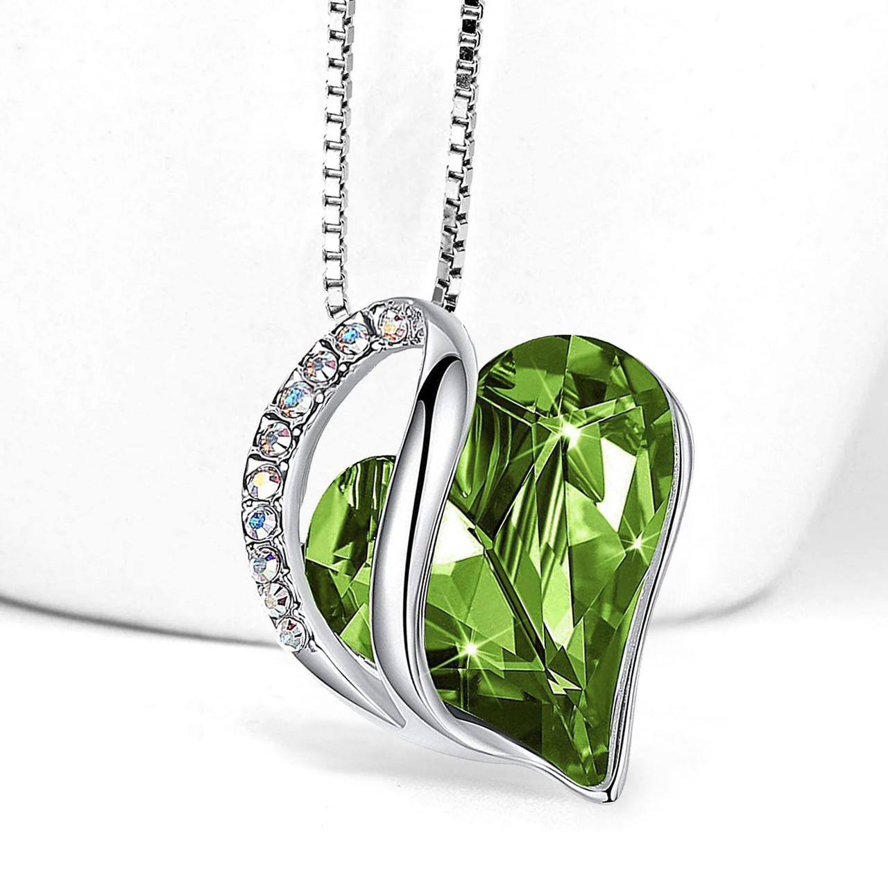 August Birthstone - Light Green Peridot Looped Heart Design Crystal Pendant  and CZ stones - with 18