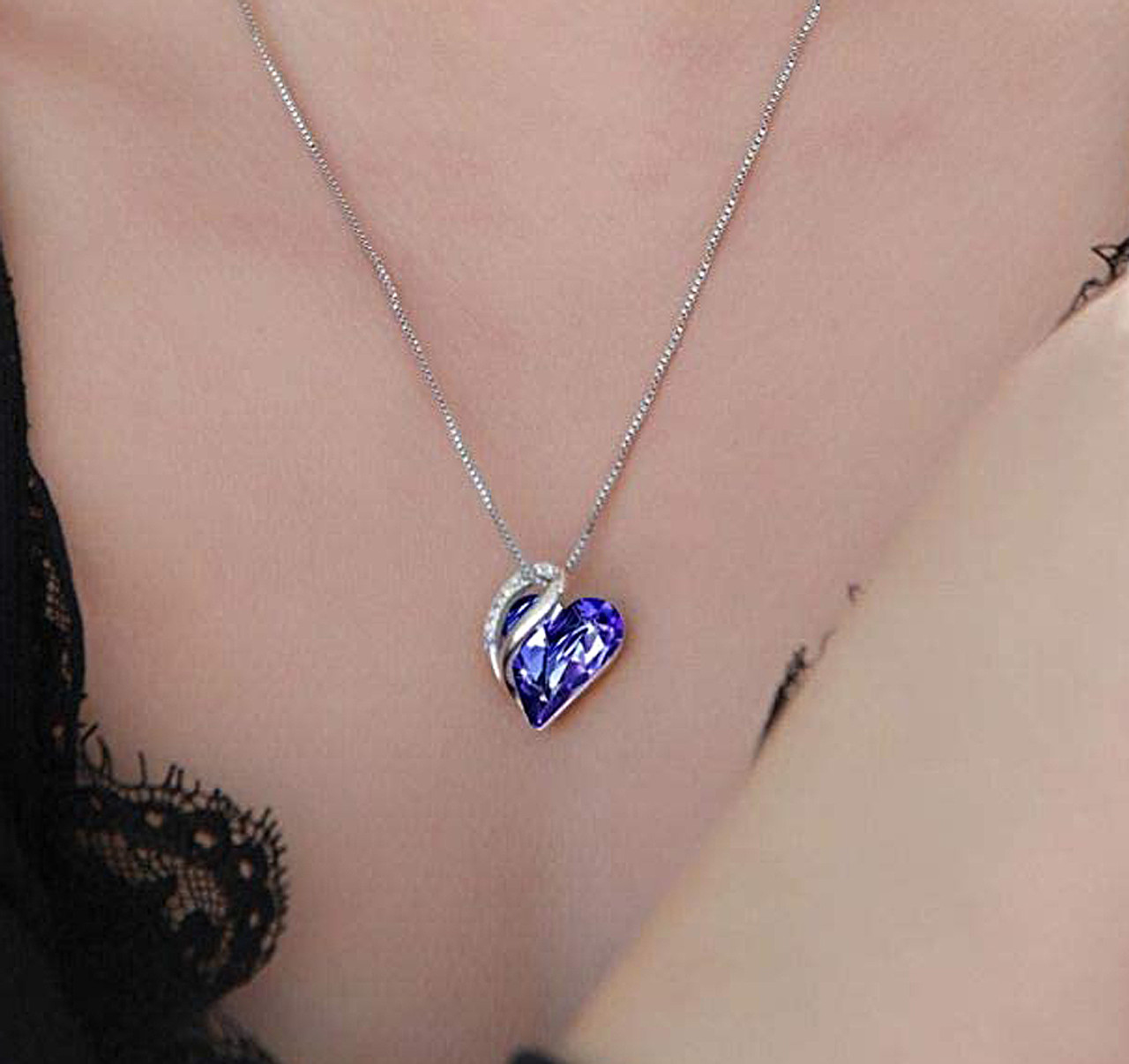 February Birthstone - Tanzanite Purple Looped Heart Design Crystal Pendant and CZ stones - with 18" Chain Necklace. Gift for Lover, Girl Friend, Wife, Valentine's Day Gift, Mother's Day, Anniversary Gift Heart Necklace.