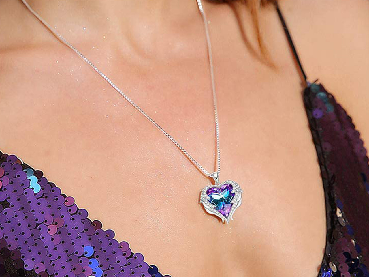 Angel Wings Heart Crystal Heart Purple and Blue Pendant - (Silver Tone)  with 18" Chain Necklace. Gift for Lover, Girl Friend, Wife, Valentine's Day Gift, Mother's Day, Anniversary Gift Necklace.