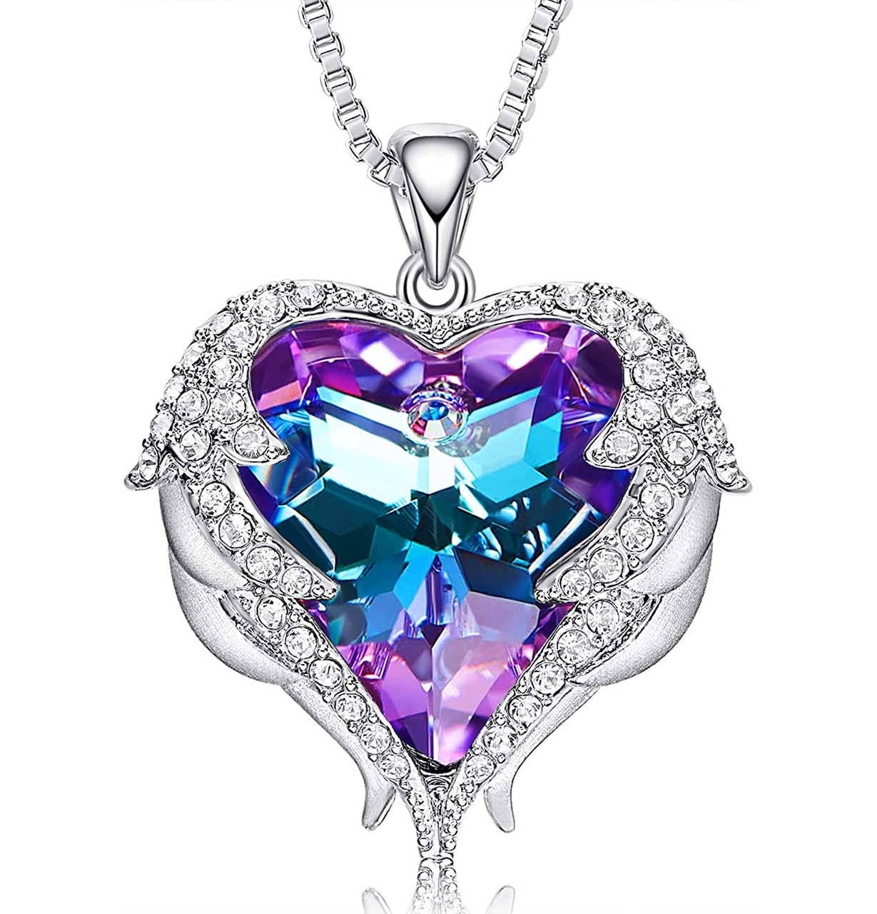 Angel Wings Heart Crystal Heart Purple and Blue Pendant - (Silver Tone)  with 18" Chain Necklace. Gift for Lover, Girl Friend, Wife, Valentine's Day Gift, Mother's Day, Anniversary Gift Necklace.