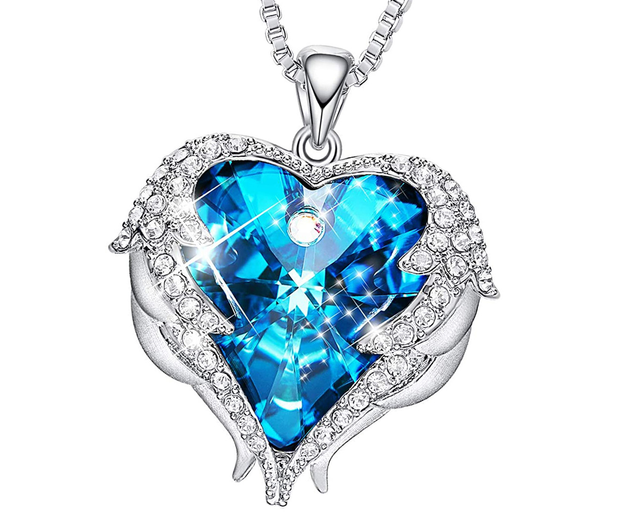 Angel Wings Heart Crystal Heart Light Blue Pendant - (Silver Tone)  with 18" Chain Necklace. Gift for Lover, Girl Friend, Wife, Valentine's Day Gift, Mother's Day, Anniversary Gift Necklace.