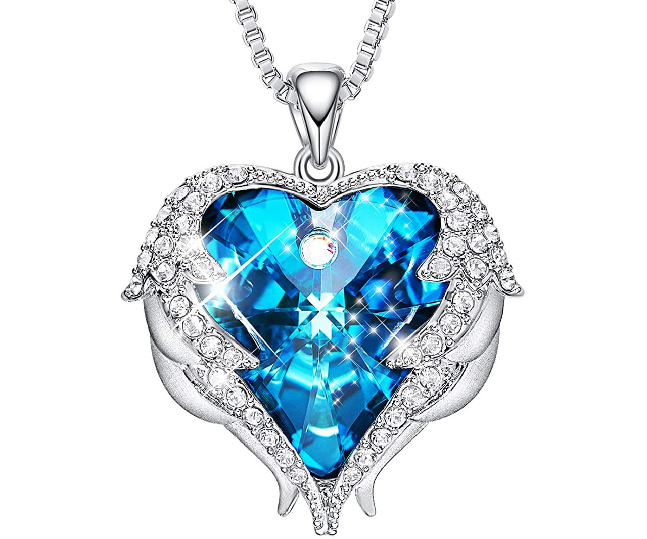 Angel Wings Heart Crystal Heart Light Blue Pendant - (Silver Tone)  with 18" Chain Necklace. Gift for Lover, Girl Friend, Wife, Valentine's Day Gift, Mother's Day, Anniversary Gift Necklace.