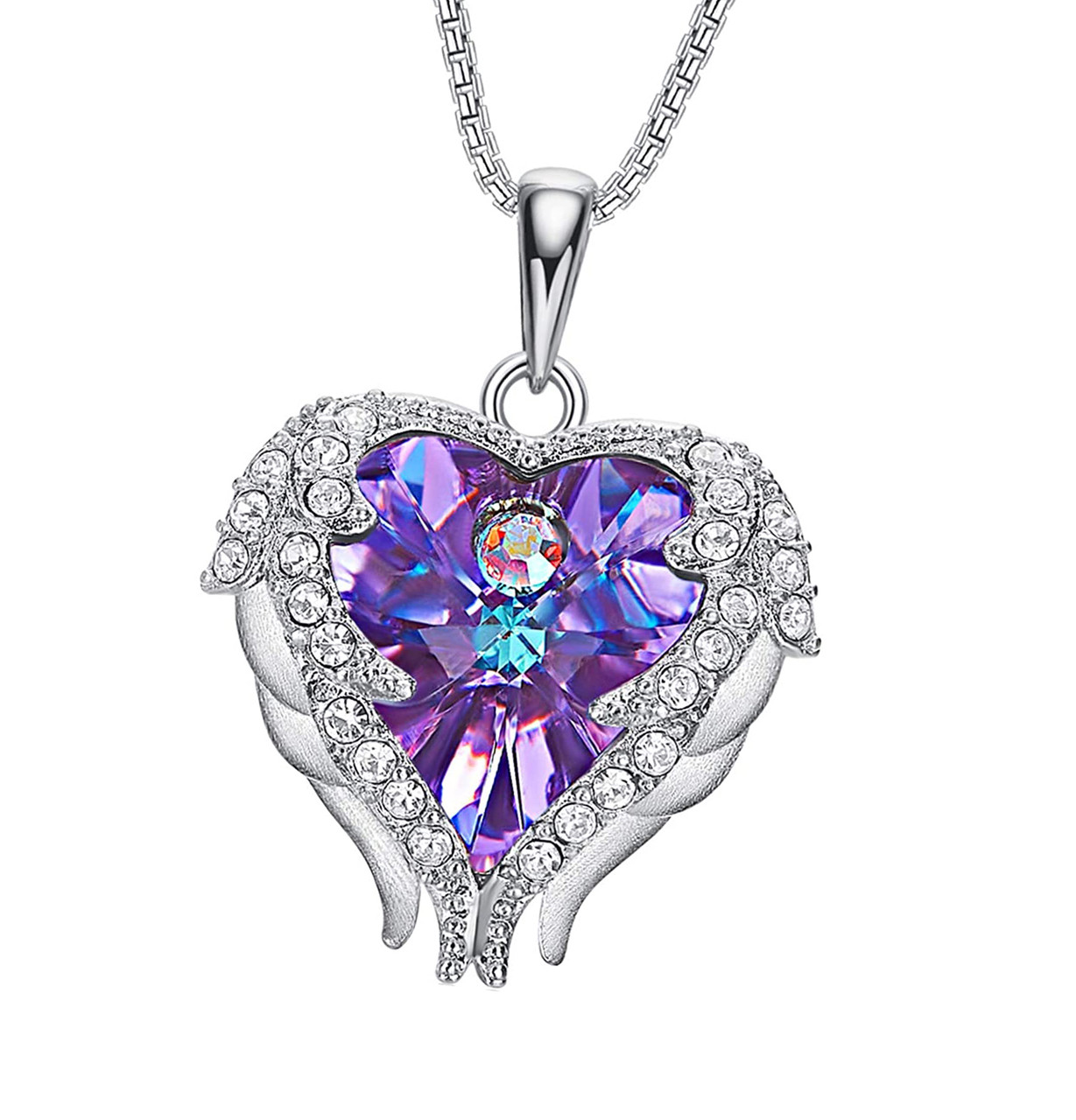 Angel Wings Heart Crystal Heart Purple And Blue Pendant 925 Silver With 18 Chain Necklace Gift For Lover Girl Friend Wife Valentine S Day Gift Mother S Day Anniversary Gift Necklace Ring Blingers