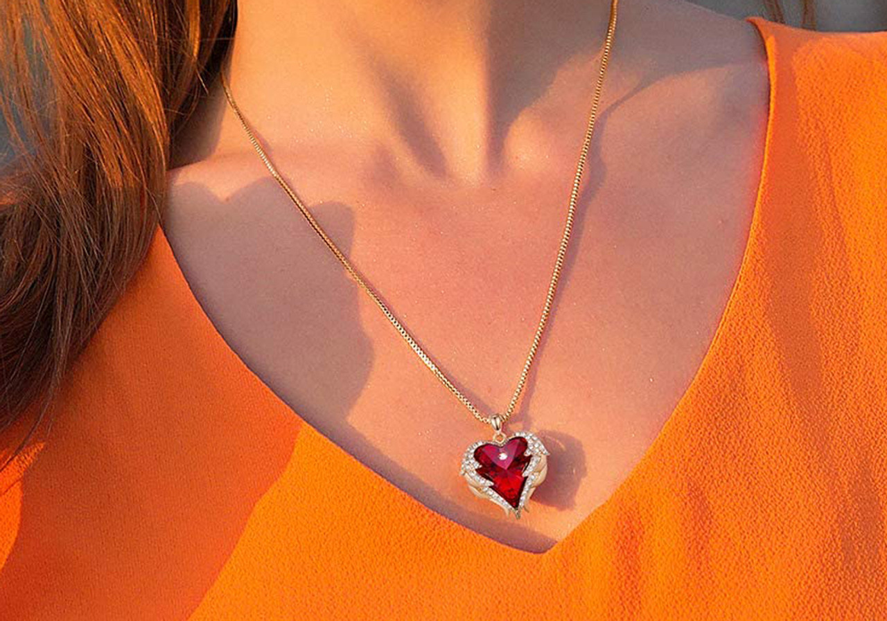 Angel Wings Heart Crystal Heart Red Pendant - (Rose Gold Tone)  with 18" Chain Necklace. Gift for Lover, Girl Friend, Wife, Valentine's Day Gift, Mother's Day, Anniversary Gift Necklace.