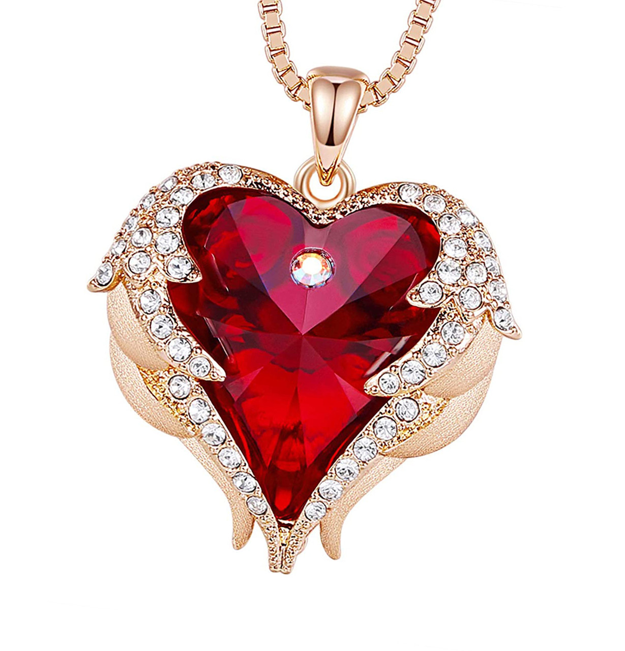 Angel Wings Heart Crystal Heart Red Pendant - (Rose Gold Tone