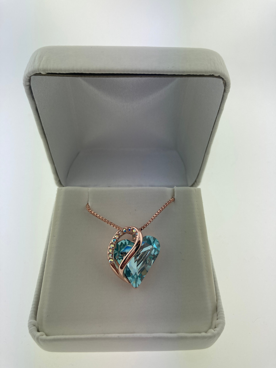 March Birthstone -  Turquoise / Aqua Blue  Looped Heart Design Crystal Rose Gold Pendant and CZ stones - with 18" Chain Necklace. Gift for Lover, Girl Friend, Wife, Valentine's Day Gift, Mother's Day, Anniversary Gift Heart Necklace.