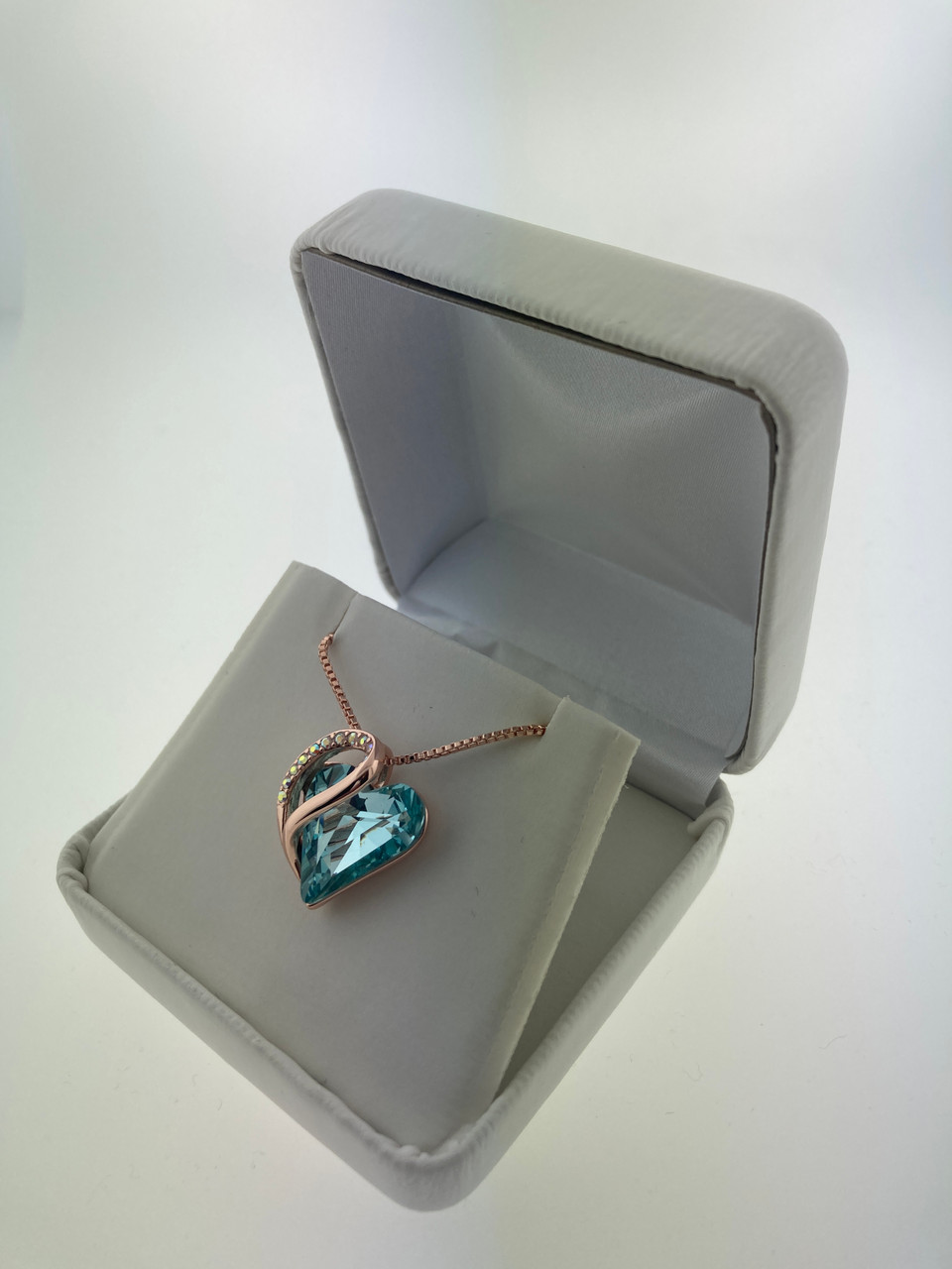 March Birthstone -  Turquoise / Aqua Blue  Looped Heart Design Crystal Rose Gold Pendant and CZ stones - with 18" Chain Necklace. Gift for Lover, Girl Friend, Wife, Valentine's Day Gift, Mother's Day, Anniversary Gift Heart Necklace.