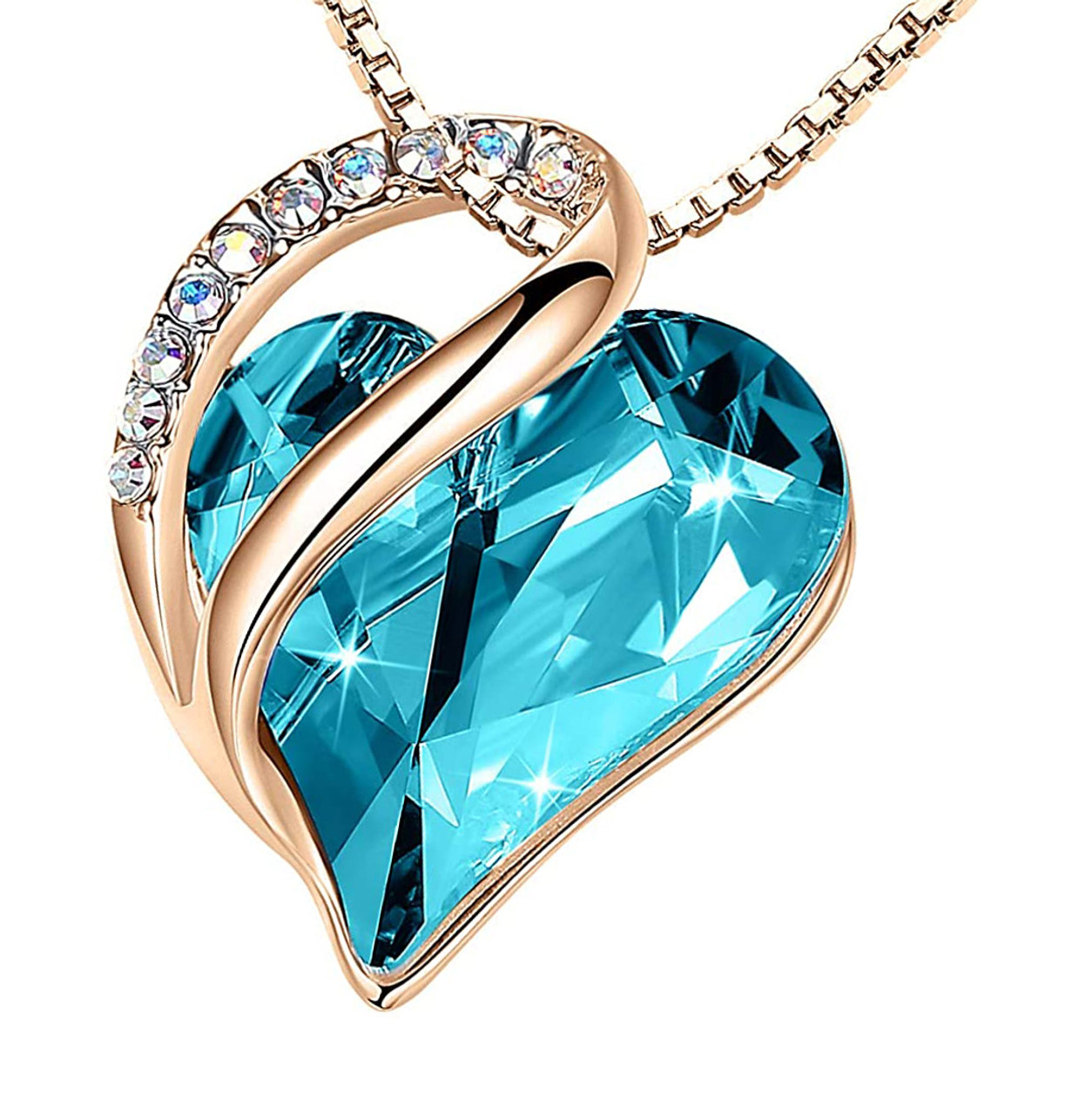 March Birthstone -  Turquoise / Aqua Blue  Looped Heart Design Crystal Rose Gold Pendant and CZ stones - with 18" Chain Necklace. Gift for Lover, Girl Friend, Wife, Valentine's Day Gift, Mother's Day, Anniversary Gift Heart Necklace.