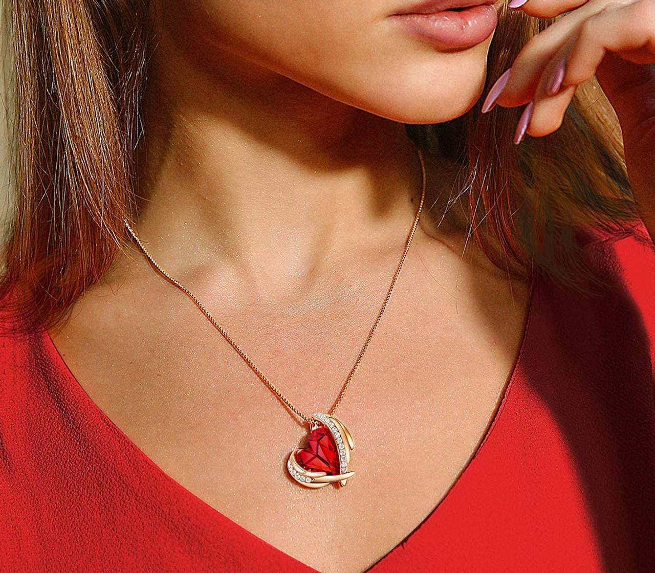 Dark Red Winged Heart Design Crystal - Rose Gold Pendant and CZ stones - with 18" Chain Necklace. Gift for Lover, Girl Friend, Wife, Valentine's Day Gift, Mother's Day, Anniversary Gift Heart Necklace.