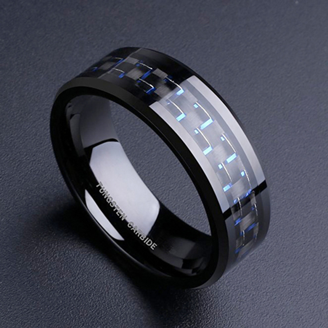 (8mm) Unisex or Men's Tungsten Carbide Wedding Ring Band. Black Ring with Blue and Black Carbon Fiber Inlay.