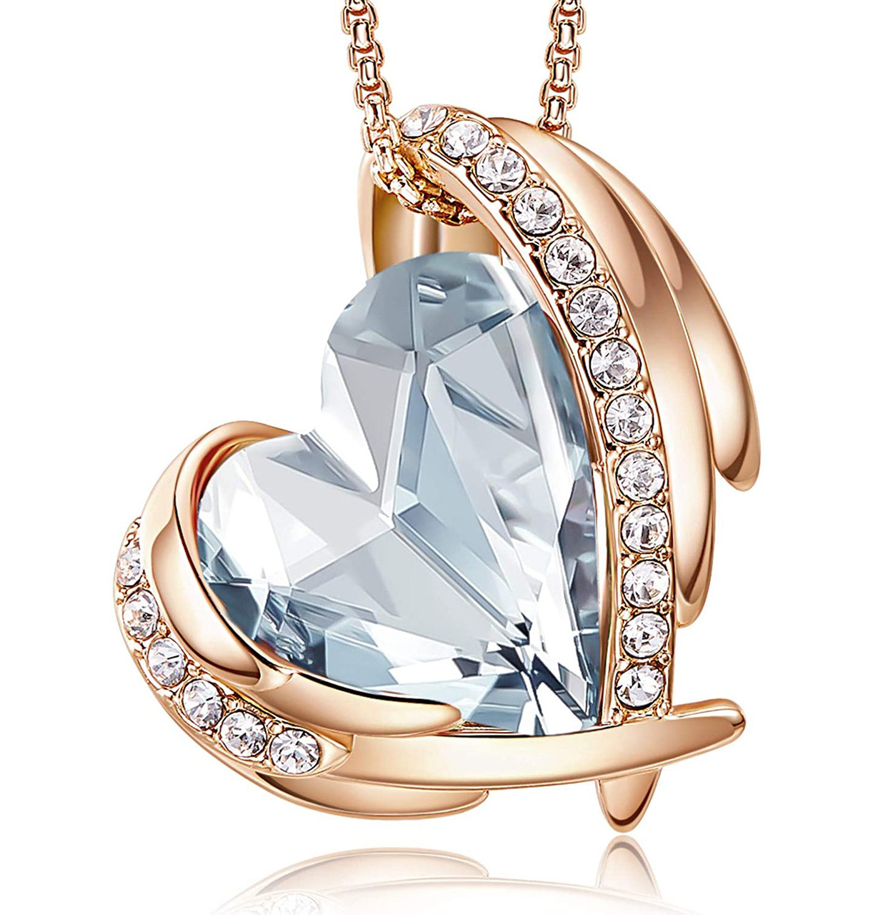 Clear Light Blue Winged Heart Design Crystal Rose Gold Pendant and CZ stones - with 18" Chain Necklace. Gift for Lover, Girl Friend, Wife, Valentine's Day Gift, Mother's Day, Anniversary Gift Heart Necklace.