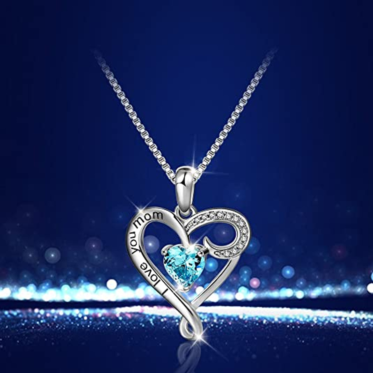 Mother's Day Gift Pendant - I Love You Mom - Aquamarine Blue Stone with Silver Tone Twisted Heart Pendant with tiny CZ stones - with 18" Chain Necklace. Gift for mom, grandma, mama, grandmother's birthday jewelry, etc.