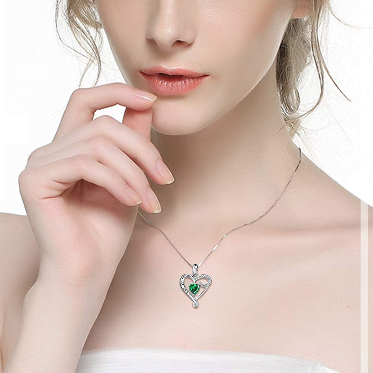 Mother's Day Gift Pendant - I Love You Mom - Dark Green Stone with Silver Tone Twisted Heart Pendant with tiny CZ stones - with 18" Chain Necklace. Gift for mom, grandma, mama, grandmother's birthday jewelry, etc.