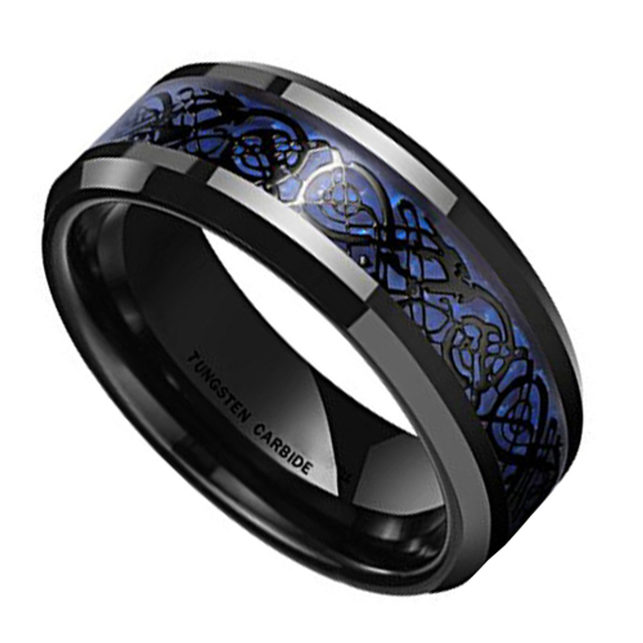 (8mm) Unisex or Men's Celtic Knot Black with Blue Resin Inlay Tungsten Carbide Wedding Ring Band.