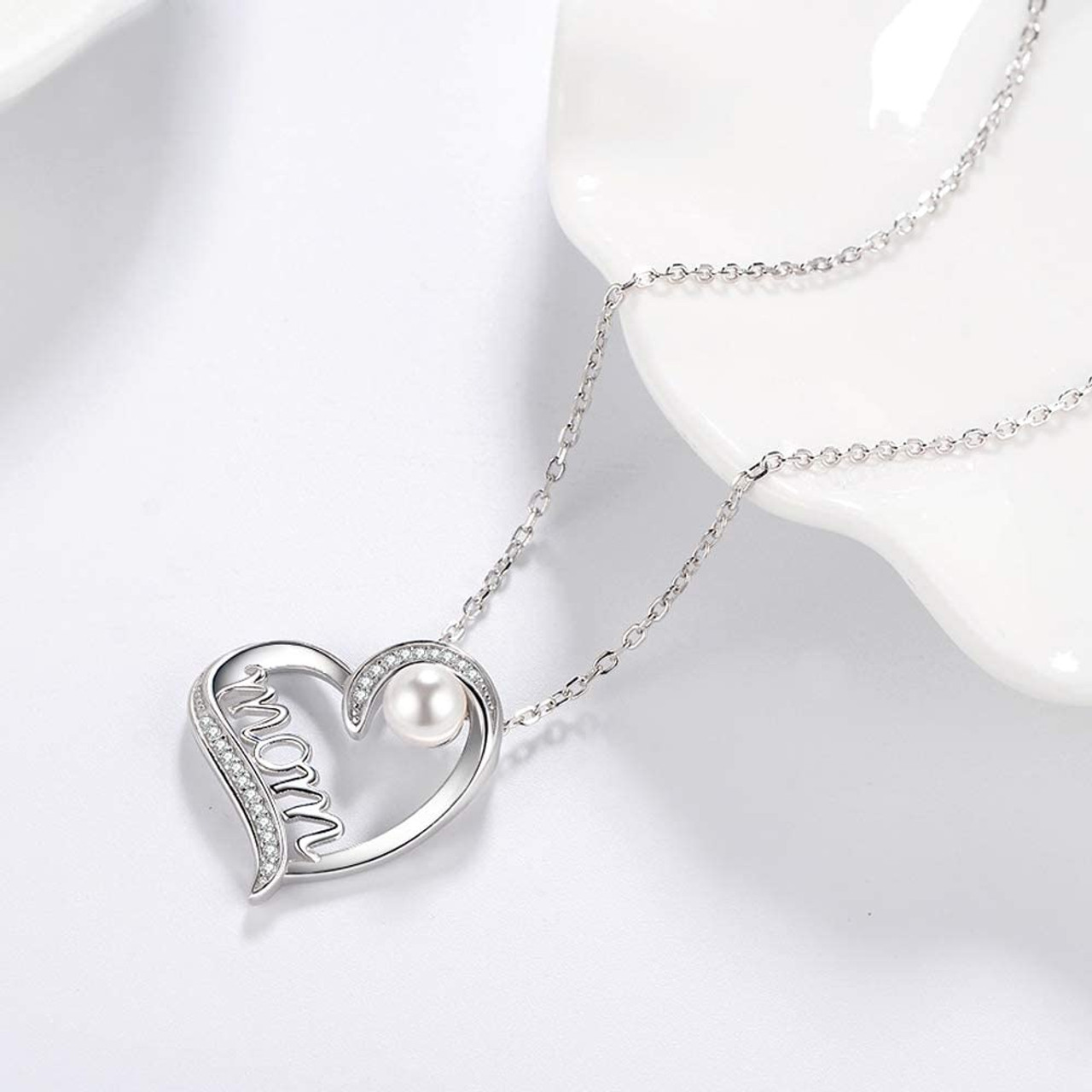 Mother's Day Gift Pendant - Heart Shaped with Simulated White Pearl. 18K white gold plated over sterling silver - with 19" Chain Necklace. Gift for mom, grandma, mama, grandmother's birthday jewelry, etc.