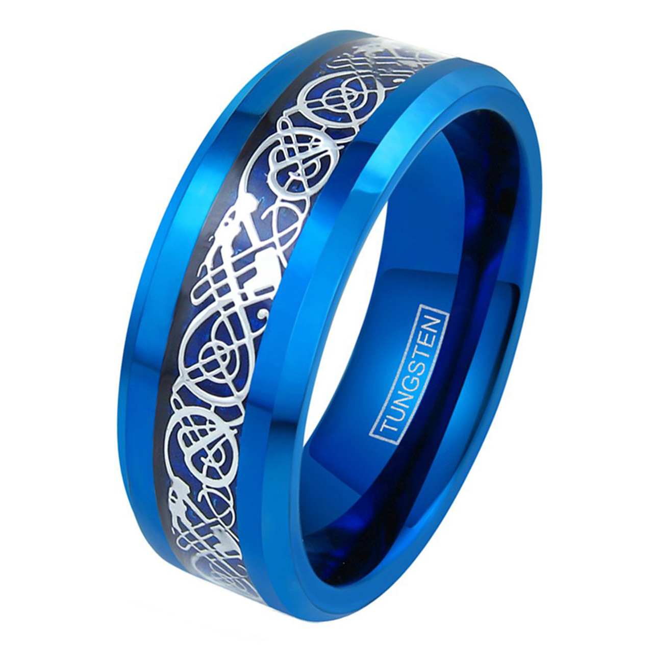 (8mm) Unisex or Men's Tungsten Carbide Wedding Ring Band. Blue Celtic Knot band with Blue and Silver Resin Inlay. Comfort Fit.