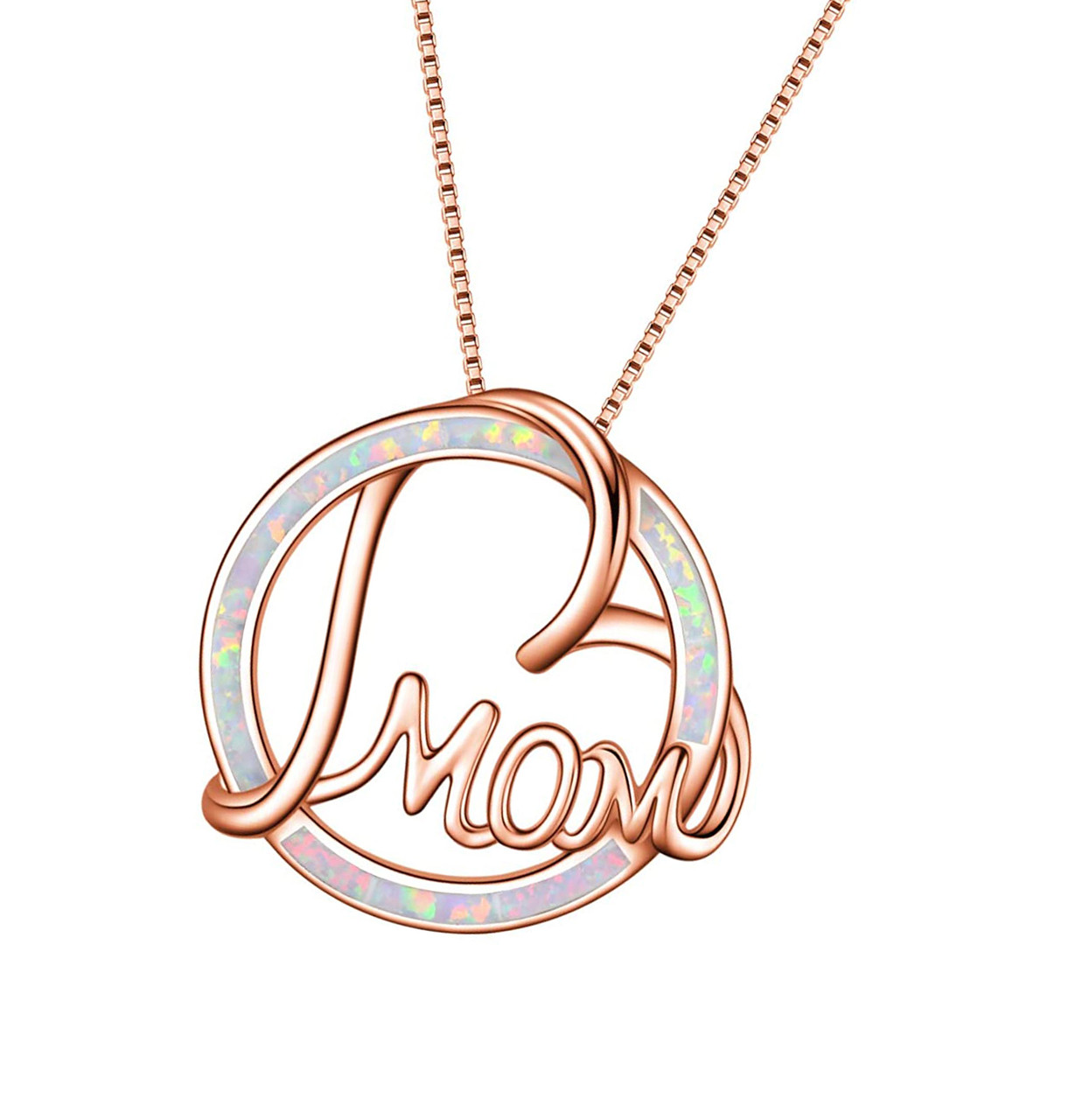 Mom Text - Opal Circle Heart Pendant 