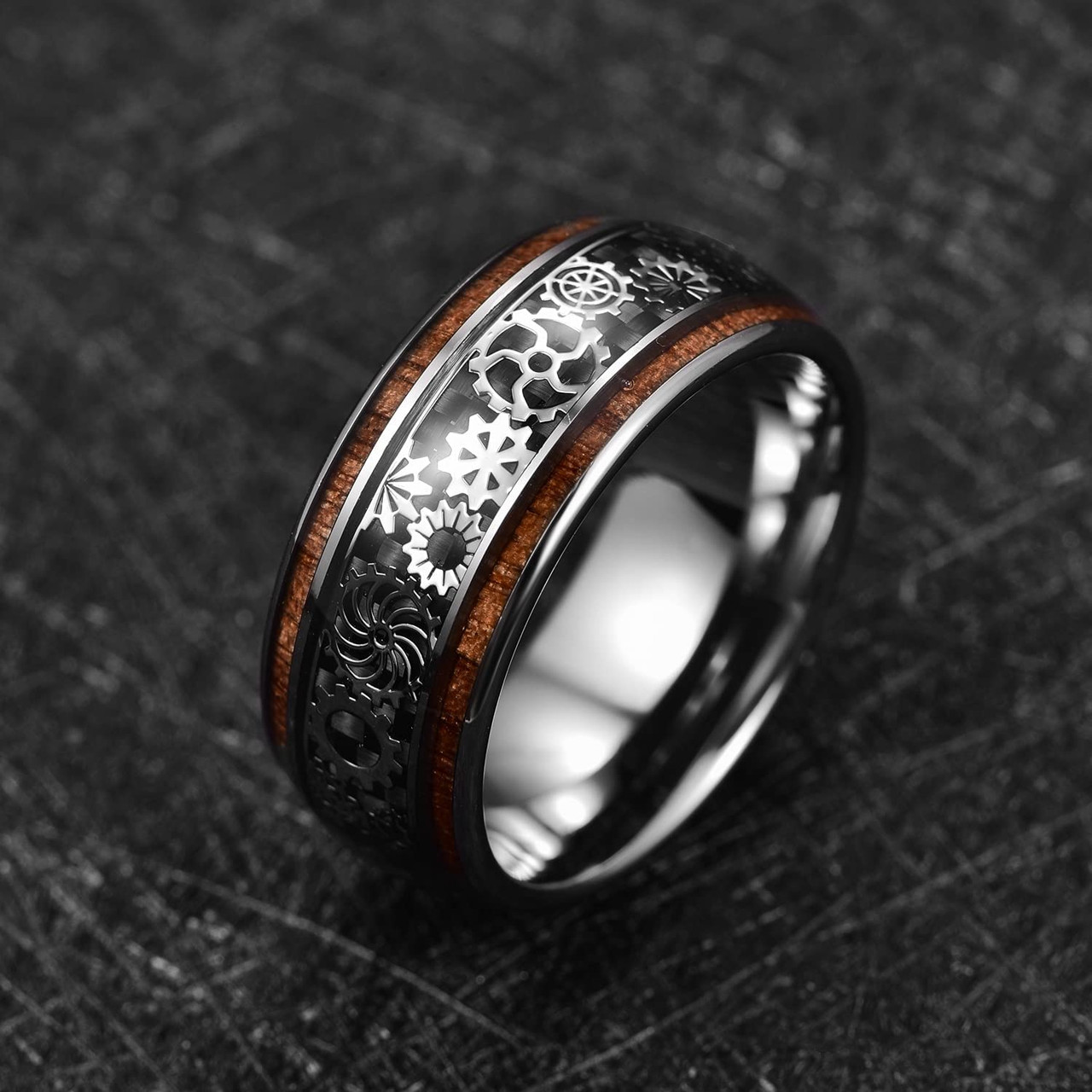 (8mm) Unisex or Men's Tungsten Carbide and Wood Wedding Ring Band. Silver Band with Silver and Wood Inlay with Watch Gear Inlay Design Over Black Carbon Fiber.