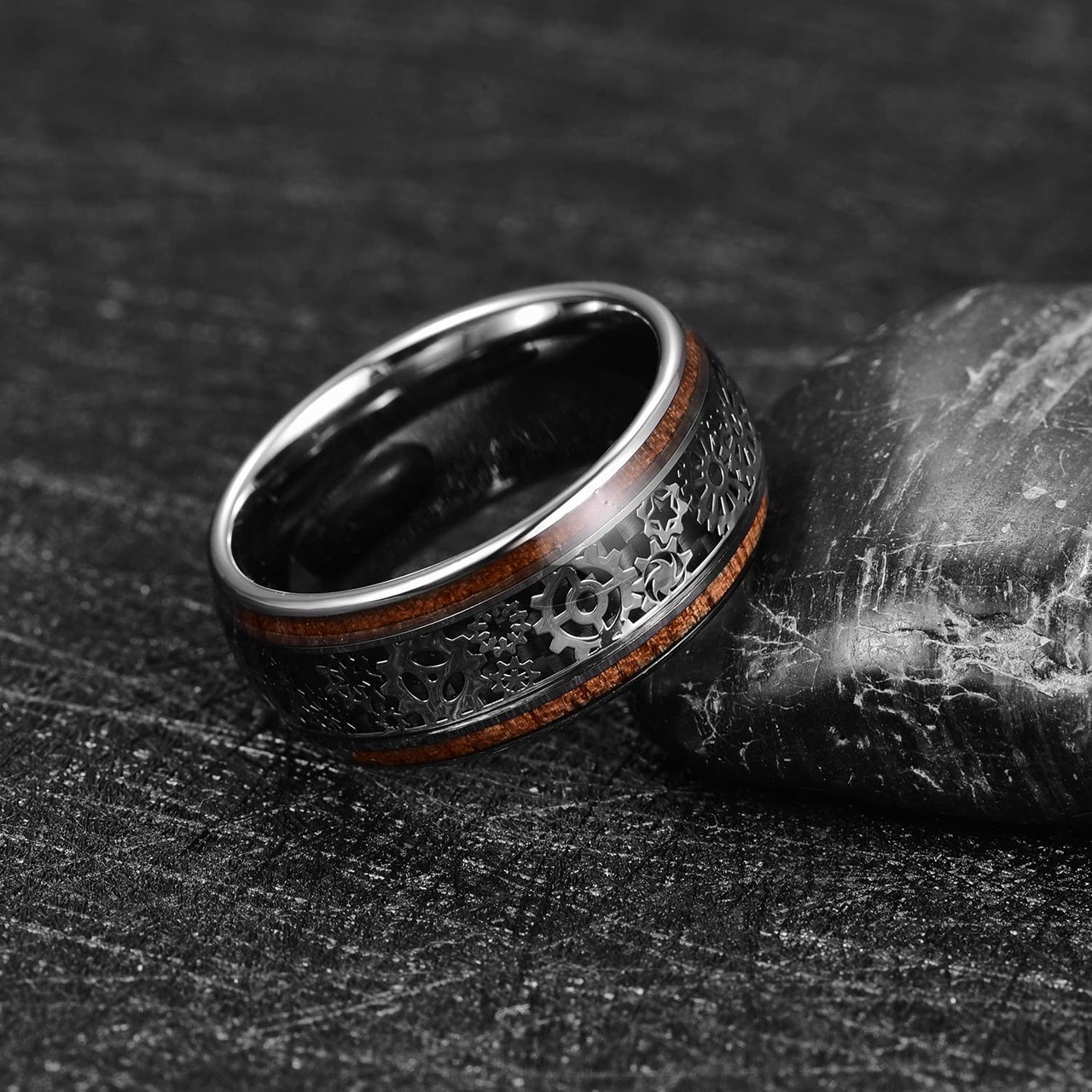 (8mm) Unisex or Men's Tungsten Carbide and Wood Wedding Ring Band. Silver Band with Silver and Wood Inlay with Watch Gear Inlay Design Over Black Carbon Fiber.