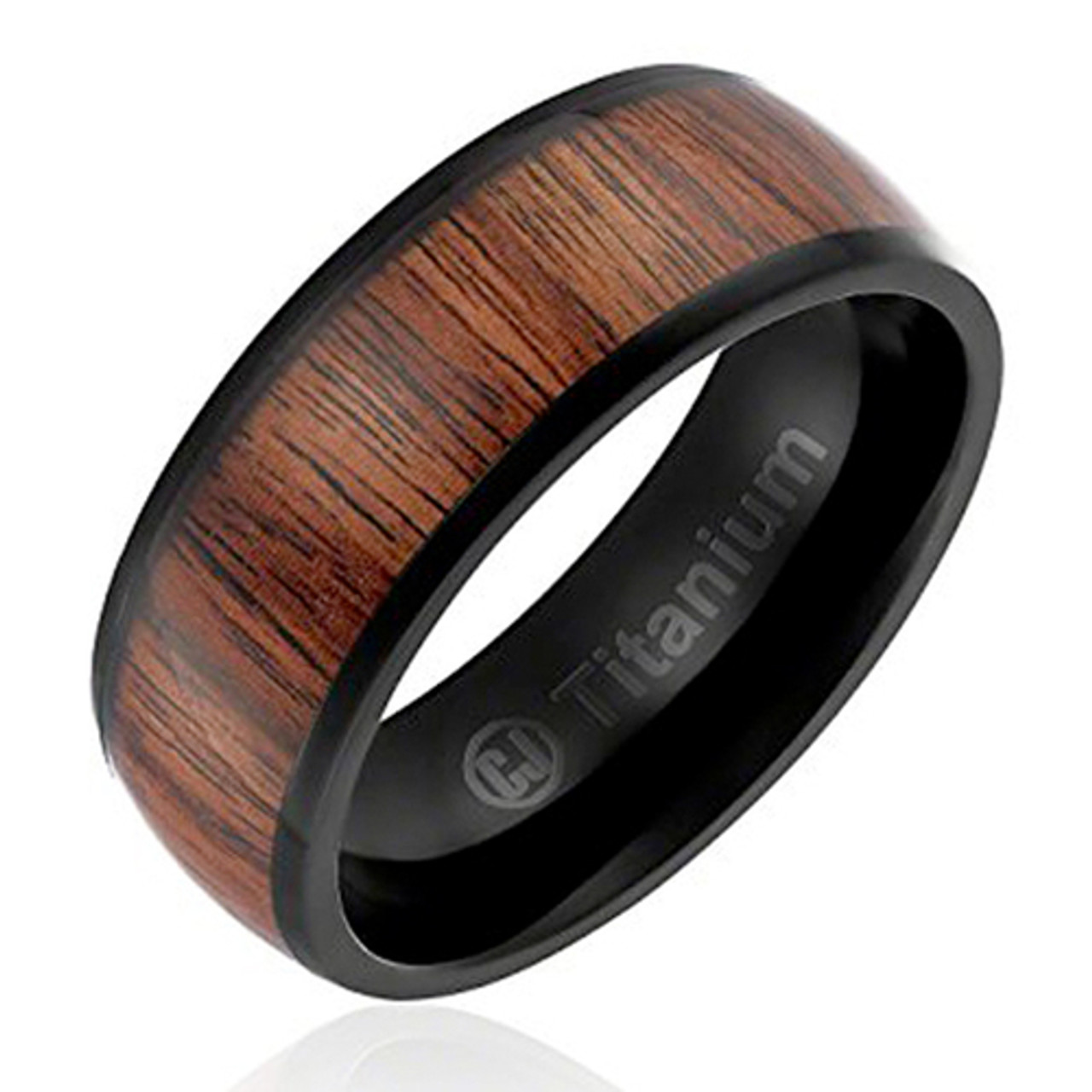 (8mm) Unisex or Men's Black and Dark Wood Inlay Titanium Wedding Ring Bands. Domed Top and Light Weight.