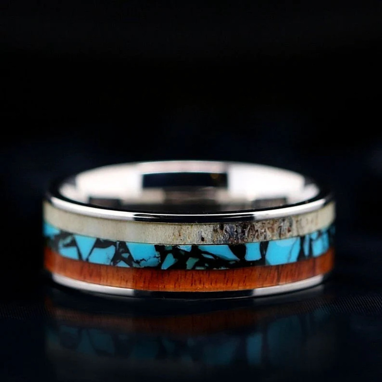(8mm) Unisex or Men's Titanium Wedding Ring Band. Silver band with Triple Color Turquoise, Wood and Antler Inlay. Light Weight and Comfort Fit. 