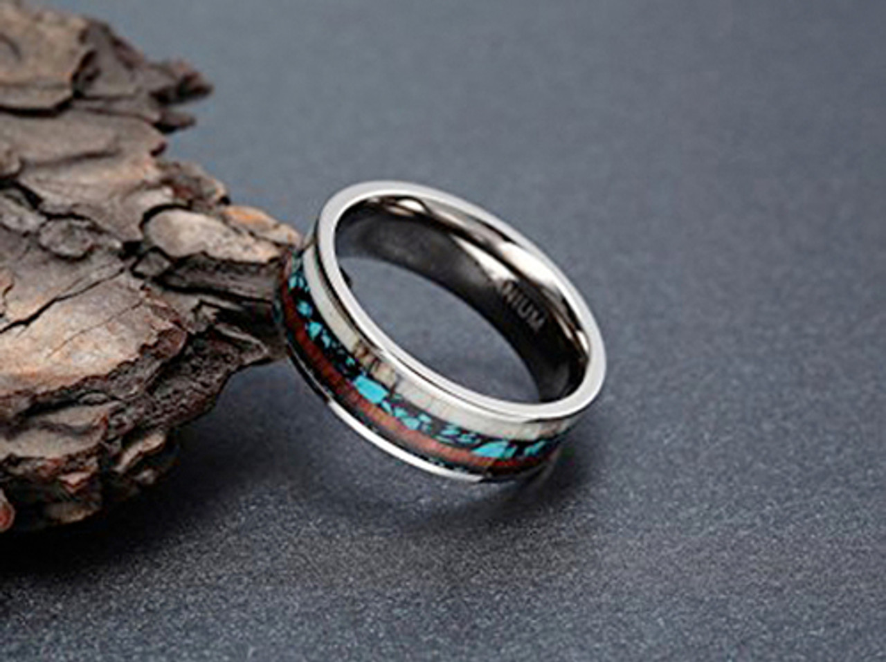 (8mm) Unisex or Men's Titanium Wedding Ring Band. Silver band with Triple Color Turquoise, Wood and Antler Inlay. Light Weight and Comfort Fit. 