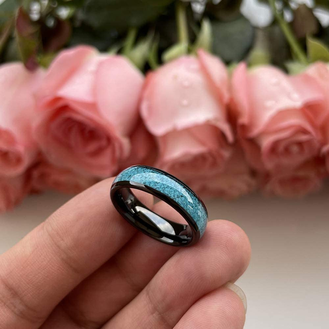 (6mm) Unisex or Women's Blue Turquoise Inlay Tungsten Carbide Wedding Ring Band. Black Domed Style Tungsten Carbide Ring Comfort Fit.