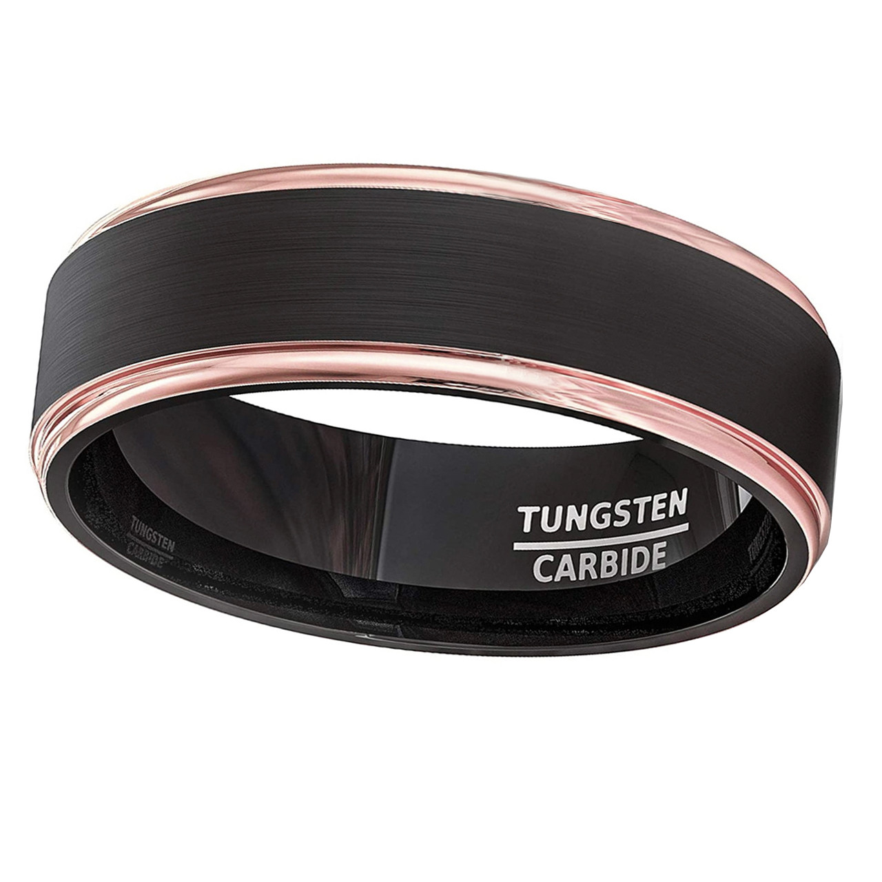 (6mm) Unisex or Women's Tungsten Carbide Wedding Ring Band. Black with Rose Gold Edge Stripes in High Polish. Comfort Fit.