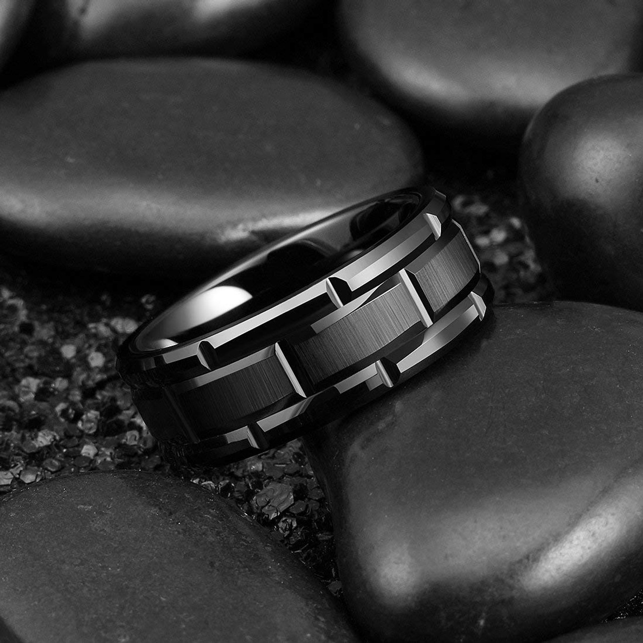 (8mm) Unisex or Men's Tungsten Carbide Wedding Ring Band. Black Brick Pattern Comfort Fit Grooved Ring.