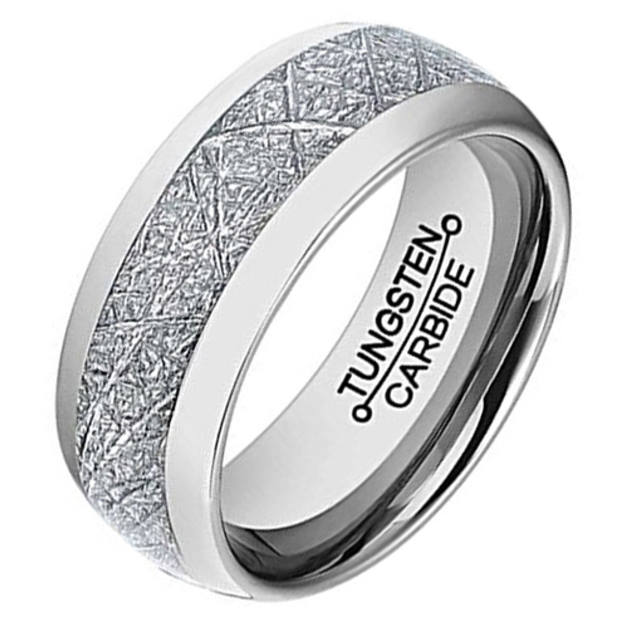 (8mm) Unisex, Women's or Men's Tungsten Carbide Wedding Ring Band. Silver Band with Inspired Meteorite Domed Top. Comfort Fit.