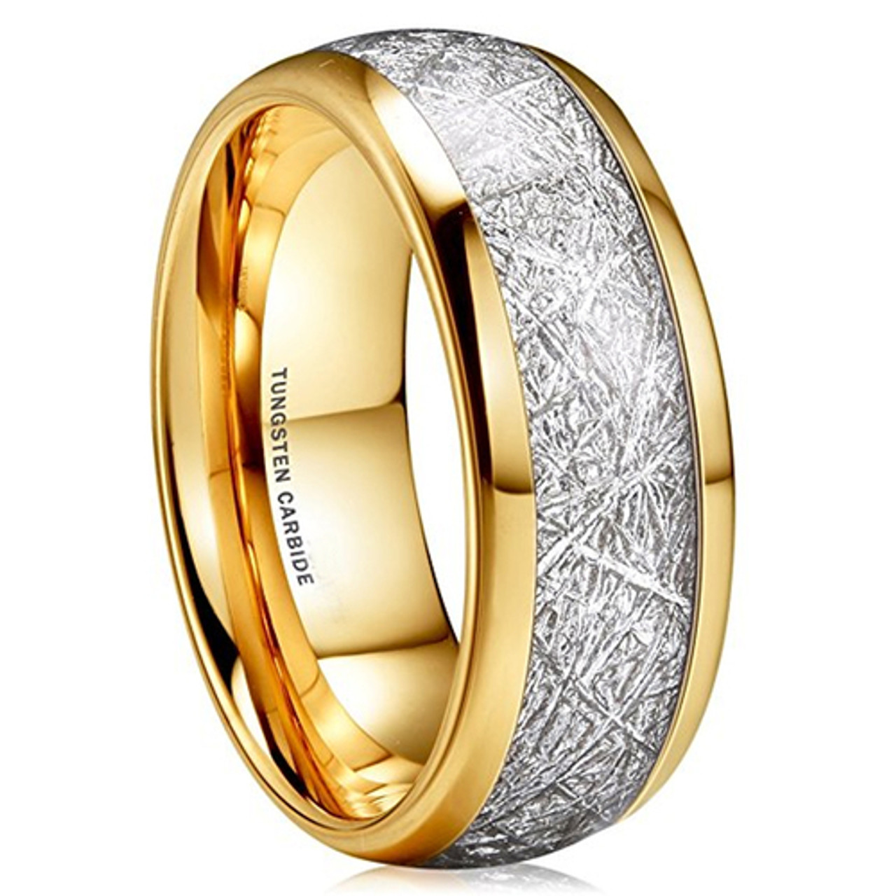 (8mm) Unisex, Women's or Men's Tungsten Carbide Wedding Ring Band. 14K Gold Plated Band with Inspired Meteorite. Domed Top. Comfort Fit.