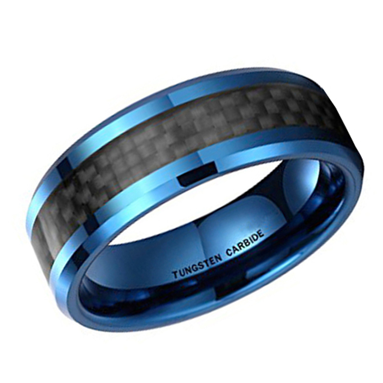 (8mm) Unisex or Men's Tungsten Carbide Wedding Ring Band. Blue Band with Black Carbon Fiber Inlay.