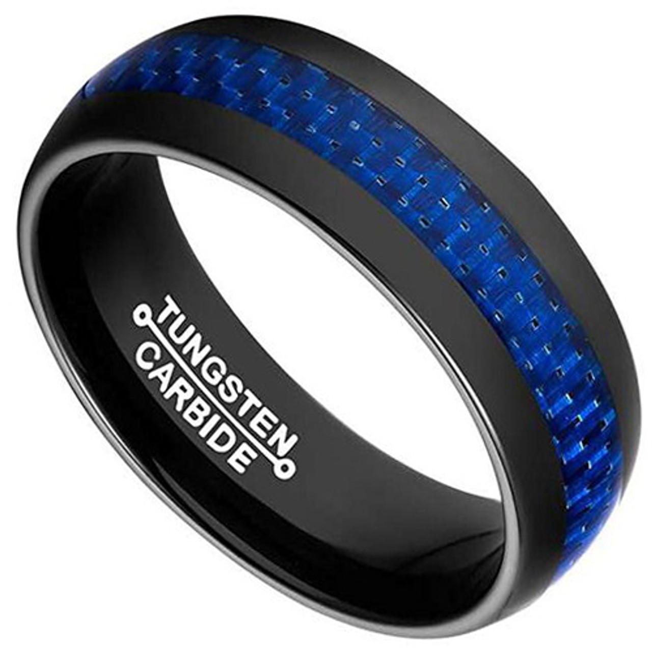 (8mm) Unisex or Men's Tungsten Carbide Wedding Ring Band. Black Band with Blue Carbon Fiber Inlay.