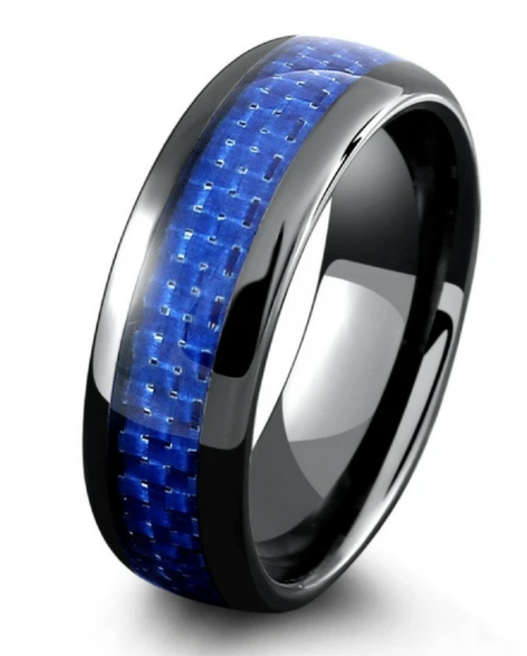 (8mm) Unisex or Men's Tungsten Carbide Wedding Ring Band. Black Band with Blue Carbon Fiber Inlay.