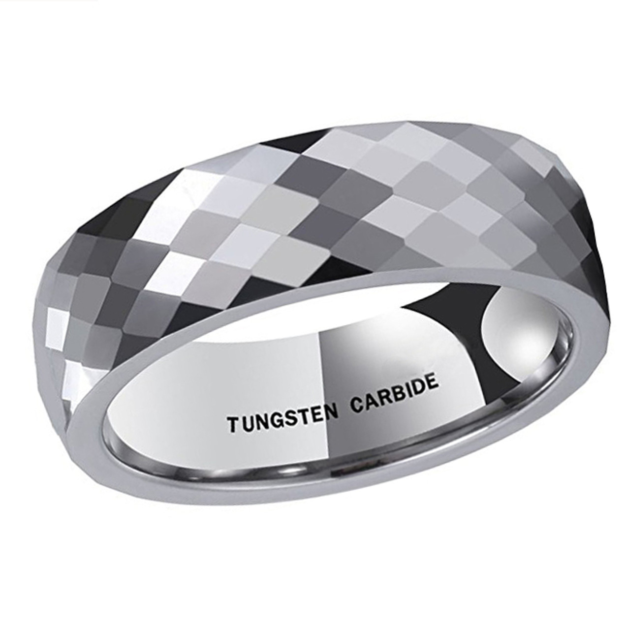 (8mm) Unisex or Men's Tungsten Carbide Wedding Ring Band. Silver Tone Diamond Faceted High Polish Domed Top Ring.