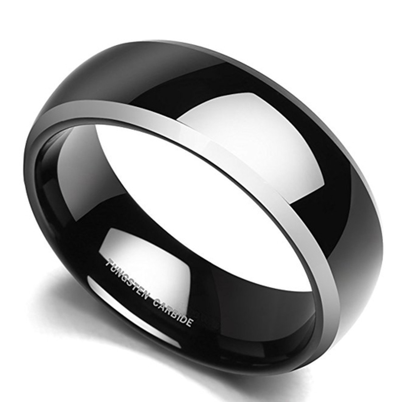 (8mm) Unisex or Men's Tungsten Carbide Wedding Ring Band. Black Domed Top Two Tone Silver Side Edges Striped High Polish Comfort Fit Ring.