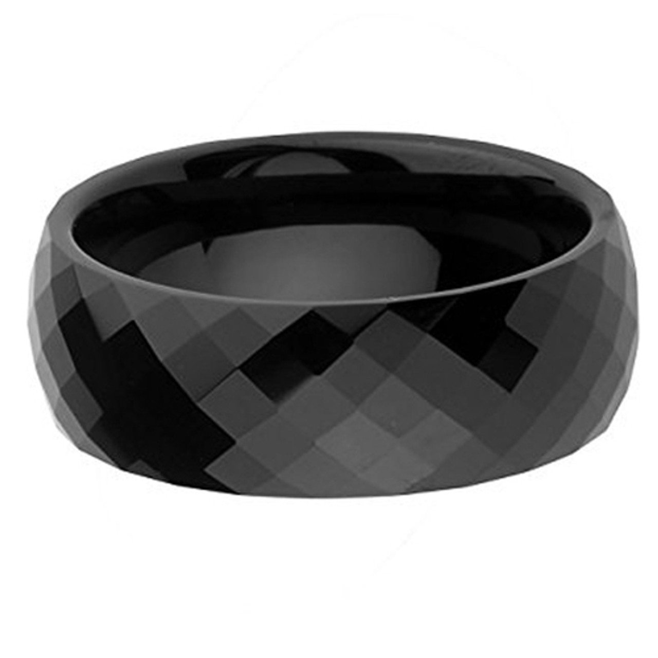 (8mm) Unisex or Men's Tungsten carbide Wedding Ring Bands. Black Diamond Faceted High Polished Domed Top Ring.