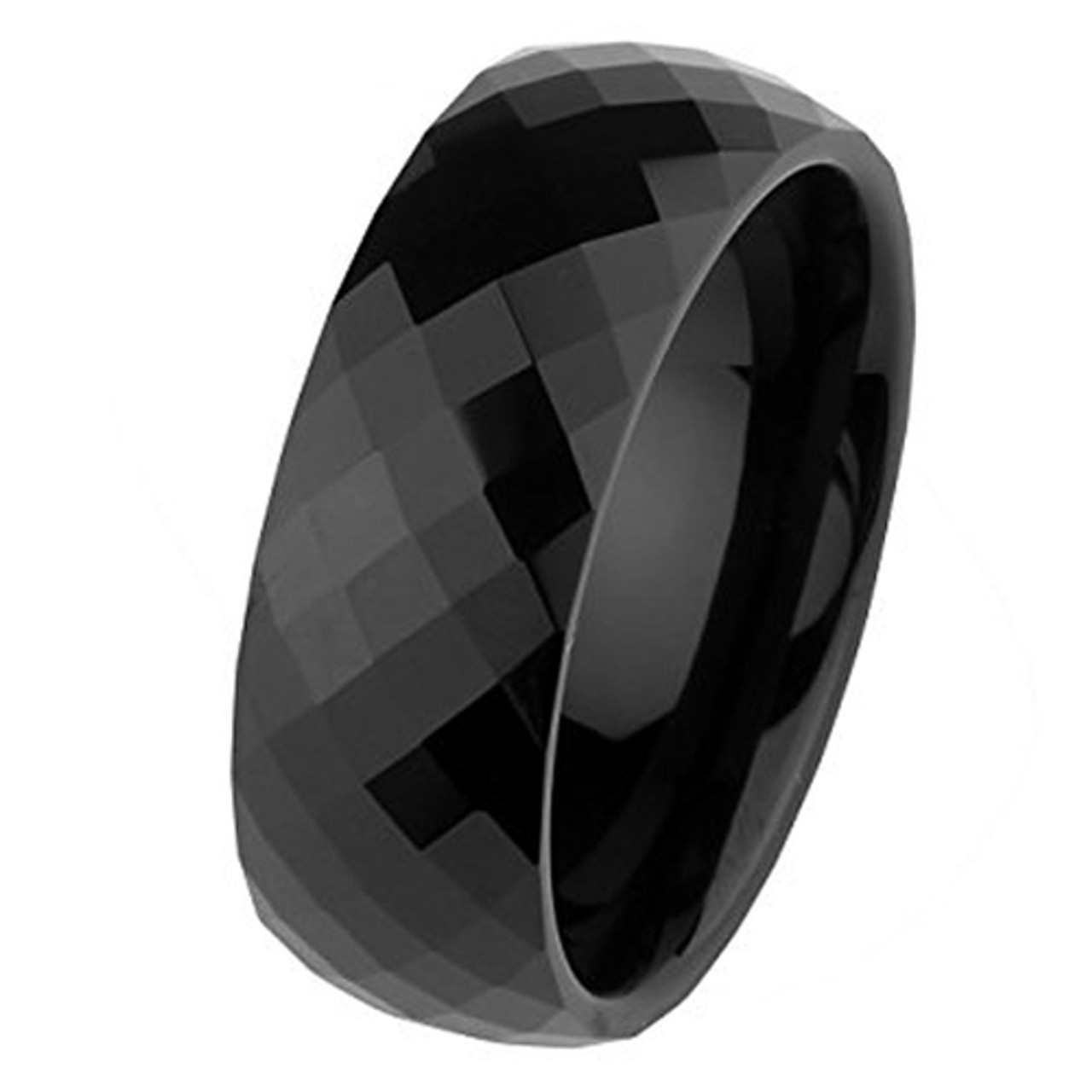(8mm) Unisex or Men's Tungsten carbide Wedding Ring Bands. Black Diamond Faceted High Polished Domed Top Ring.