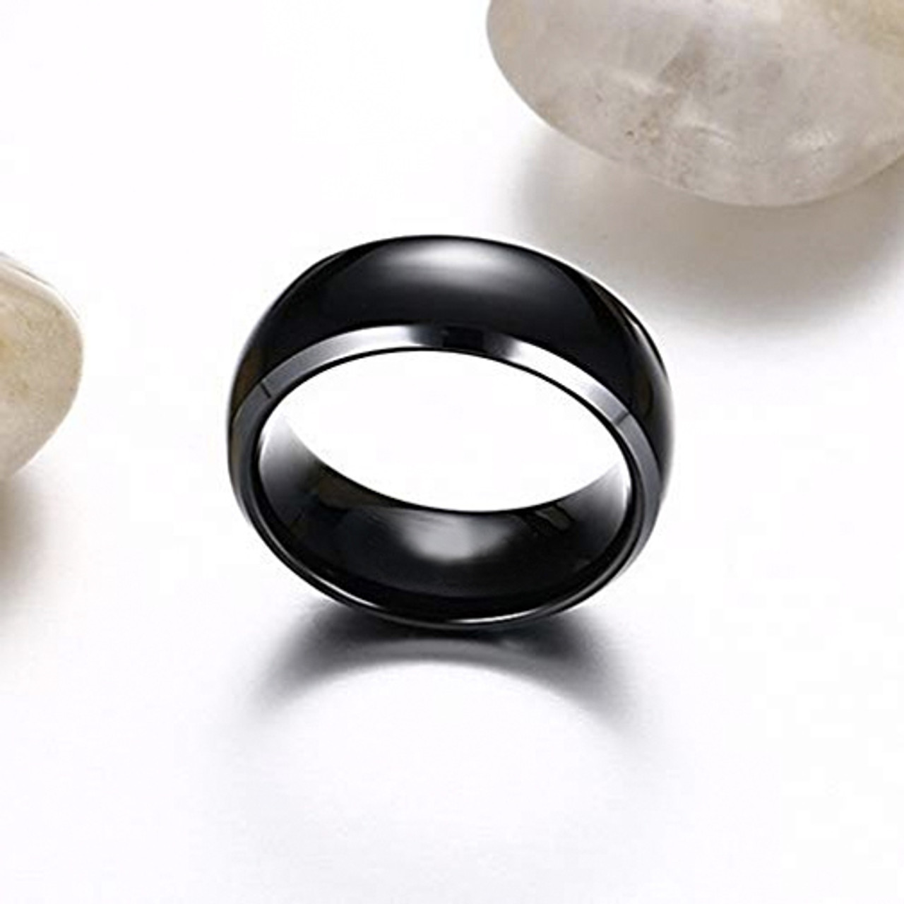 (8mm) Unisex or Men’s Titanium Wedding Ring Bands. Two Tone Black and Silver High Polish, Comfort Fit and Light Weight Ring.