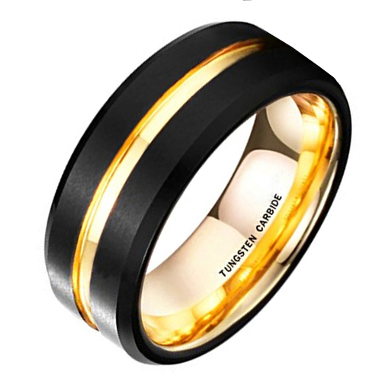 (8mm) Unisex or Men's Tungsten Carbide Wedding Ring Band. Black Matte Finish with 18K Yellow Gold Inside and Groove. Beveled Edge Ring.