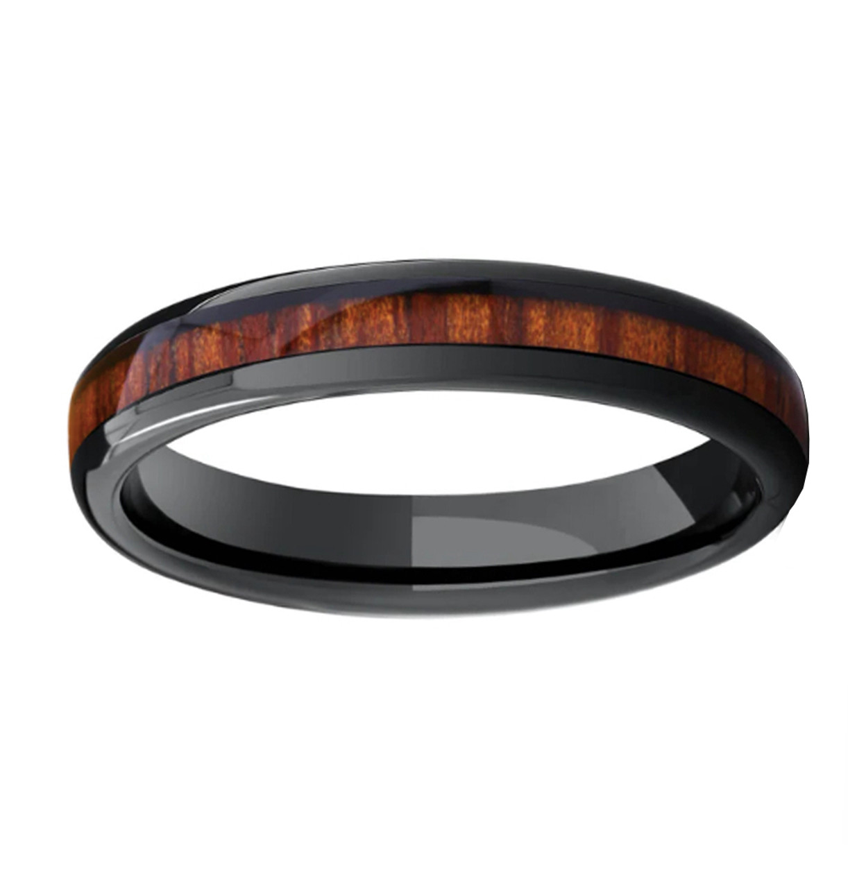 (4mm) Women's Domed Koa Wood Ceramic Black Ring Wedding Ring Bands.