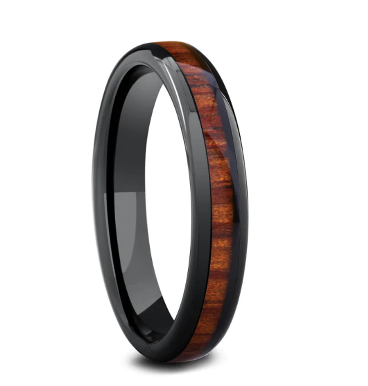 (4mm) Women's Domed Koa Wood Ceramic Black Ring Wedding Ring Bands.